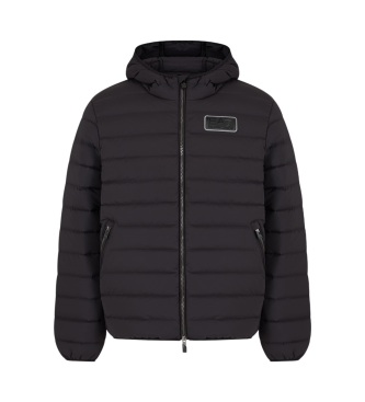 EA7 Hooded down jacket in black technical fabric with hood