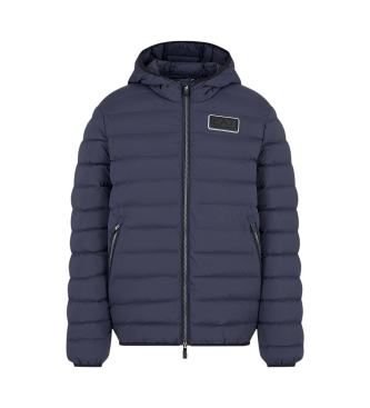 EA7 Hooded down jacket in technical fabric with hood   navy