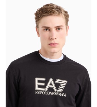 EA7 Sichtbares Sweatshirt mit Rundhalsausschnitt aus schwarzer Baumwolle