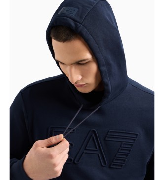 EA7 Logo Series Kapuzensweatshirt aus Bio-Baumwolle in Marineblau und Wei