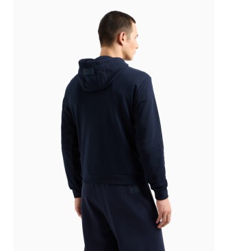 EA7 Logo Series Kapuzensweatshirt aus Bio-Baumwolle in Marineblau und Wei