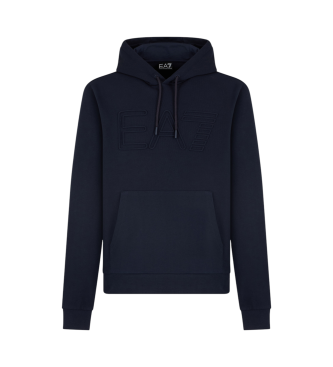 EA7 Logo Series Kapuzensweatshirt aus Bio-Baumwolle in Marineblau und Wei