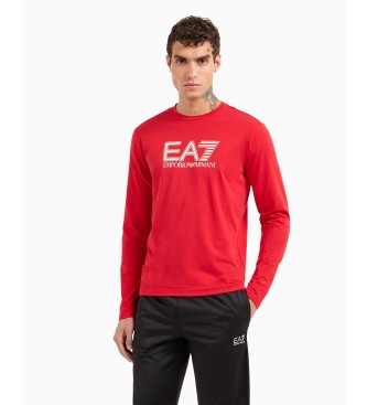 EA7 Long-sleeved crew neck T-shirt in stretch cotton Visibility red