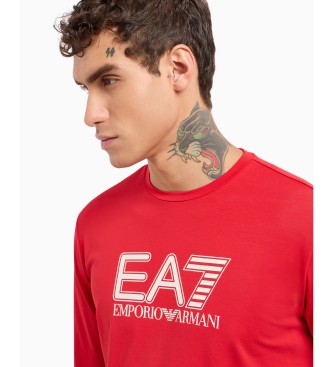 EA7 Long-sleeved crew neck T-shirt in stretch cotton Visibility red