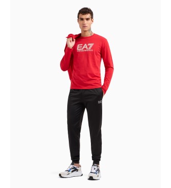 EA7 Long-sleeved crew neck T-shirt in stretch cotton Visibility red