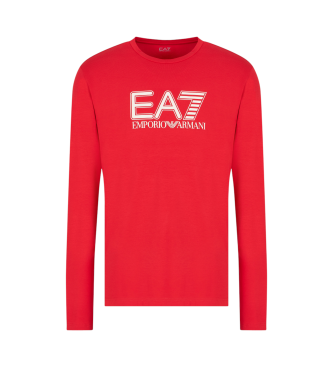 EA7 Long-sleeved crew neck T-shirt in stretch cotton Visibility red