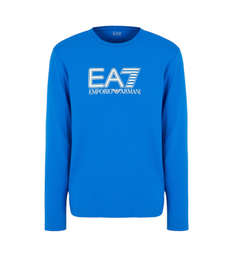 EA7 T-shirt  manches longues et col rond en coton extensible bleu Visibilit