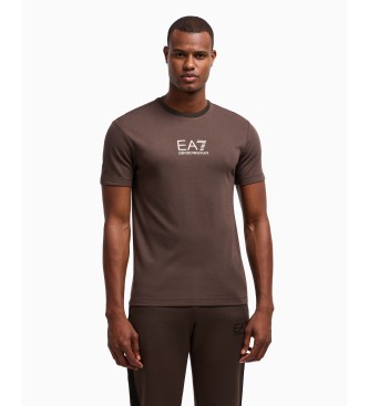 EA7 T-shirt girocollo in maglia di viscosa con etichetta oro marrone