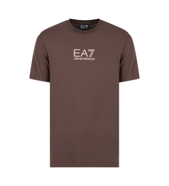 EA7 T-shirt girocollo in maglia di viscosa con etichetta oro marrone