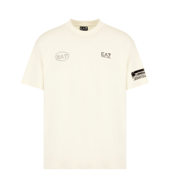 EA7 Graphic Series beige bomullsstickad T-shirt med rund halsringning