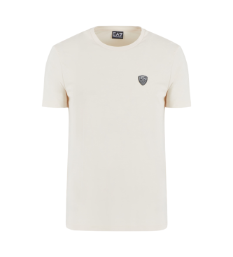 EA7 T-shirt girocollo beige in misto viscosa stretch con scudo premium