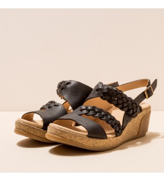 EL NATURALISTA Leather sandals N5028 Leaves black -Height of the wedge: 5,5cm- -Leather sandals N5028 Leaves black -Height of the wedge: 5,5cm- -Leather sandals N5028 Leaves black