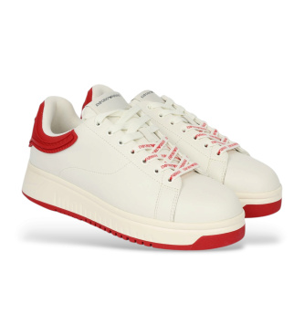 Emporio Armani White and red leather sneakers with rubber back
