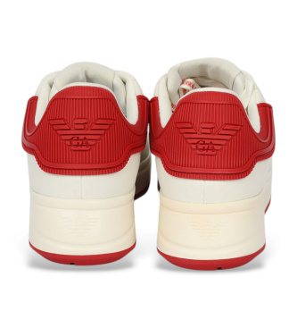 Emporio Armani White and red leather sneakers with rubber back