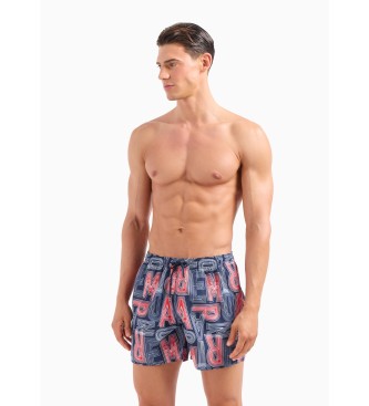 Emporio Armani Badshorts i tervunnet tyg med ASV navy makro-logo tryck.