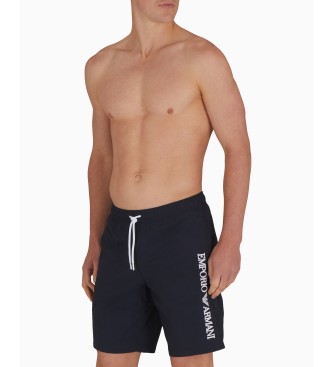 Emporio Armani Costume da bagno stile Bermuda con logo blu navy ricamato verticalmente