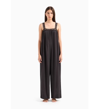 Emporio Armani Modal beach dungarees with bobbin lace details with black logo