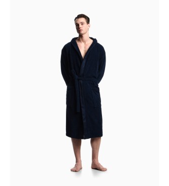 Emporio Armani Ręcznikowy szlafrok frotte z logo na granatowej ramce