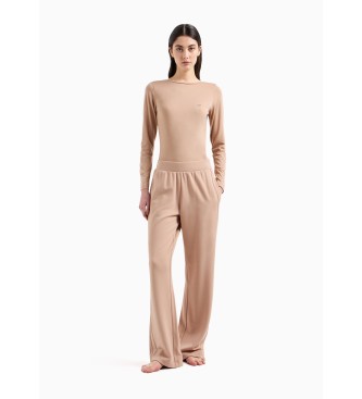 Emporio Armani Pantaln de estar por casa de corte holgado de viscosa con logotipo lateral bordado  beige