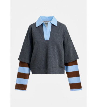 Essentiel Antwerp Sudadera de algodón a capas con mangas a rayas gris oscuro