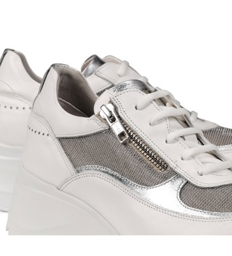 Fluchos Leather sneakers with beige wedge, silver - Height wedge 6cm