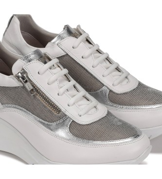 Fluchos Leather sneakers with beige wedge, silver - Height wedge 6cm
