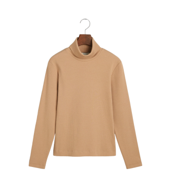 Gant Ribbet T-shirt med svanehals og beige lange rmer