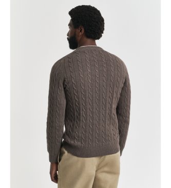 Gant Brown cotton cable knit crew neck sweater