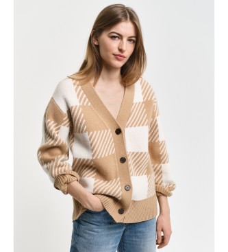 Gant Cardigan  col en pointe en gros carreaux beige