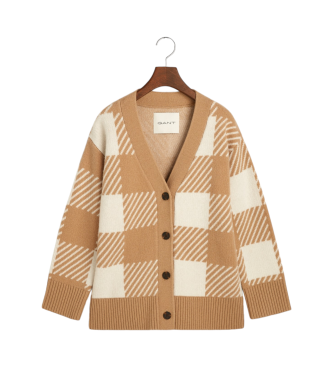 Gant Cardigan  col en pointe en gros carreaux beige