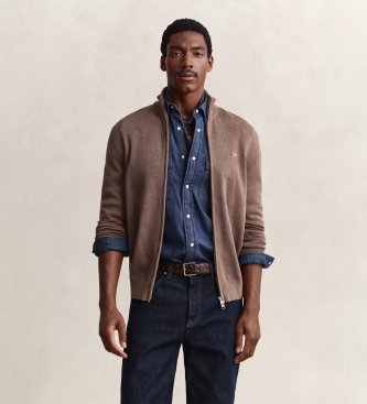 Gant Cardigan in cotone con zip marrone