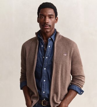 Gant Cardigan in cotone con zip marrone