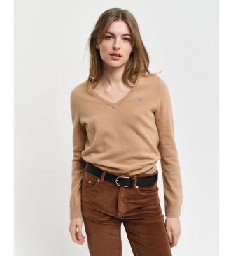 Gant Pull  col V en laine d'agneau beige extra fine