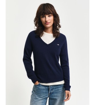 Gant Extrafeiner navyfarbener Pullover mit V-Ausschnitt aus Lammwolle