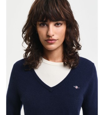 Gant Extrafeiner navyfarbener Pullover mit V-Ausschnitt aus Lammwolle