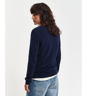 Gant Extrafeiner navyfarbener Pullover mit V-Ausschnitt aus Lammwolle