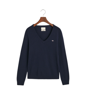 Gant Extrafeiner navyfarbener Pullover mit V-Ausschnitt aus Lammwolle