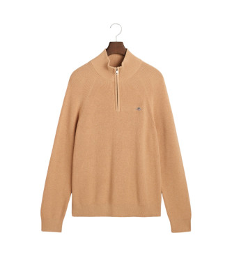 Gant Pullover med halv lynls i beige ribbet bomuld og uld