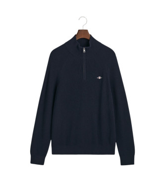 Gant Pullover med halv lynls i navyfarvet ribbet bomuld og uld