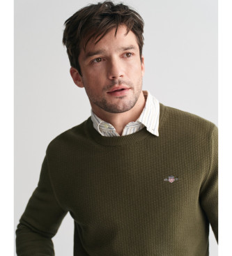 Gant Pull  col rond en coton micro textur vert