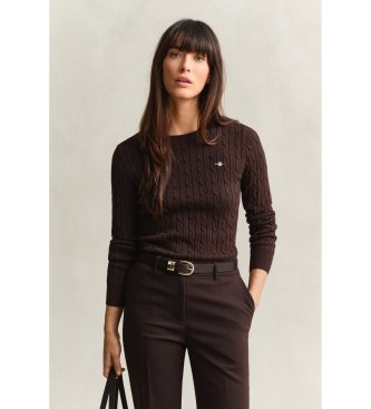 Gant Pull à col rond et maille torsadée en coton stretch marron