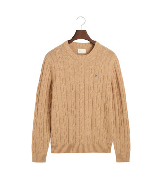 Gant Pull  col rond en laine de mouton marron, tricot avec des huit