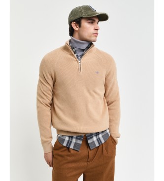 Gant Pullover mit halbem Reiverschluss aus gerippter Baumwolle und Wolle in Beige