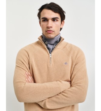 Gant Maglione con mezza zip in lana e cotone a coste beige