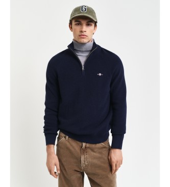 Gant Pullover med halv lynls i navyfarvet ribbet bomuld og uld