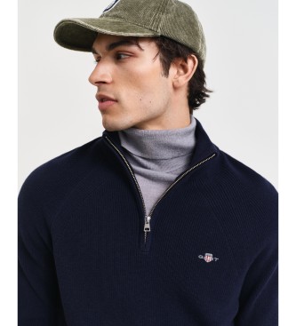 Gant Pullover med halv lynls i navyfarvet ribbet bomuld og uld