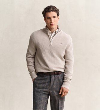 Gant Katoenen trui met halve rits en beige textuur