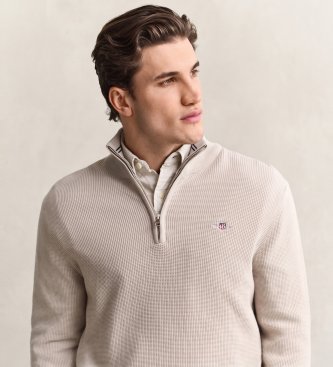 Gant Katoenen trui met halve rits en beige textuur