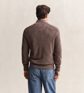 Gant Katoenen trui met halve rits en structuur, bruin