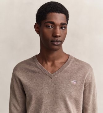 Gant Katoenen trui met V-hals in taupe